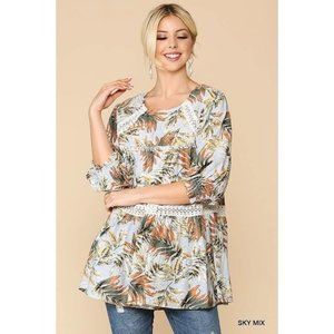 Sky Blue Printed Lace Trim Peasant Top L